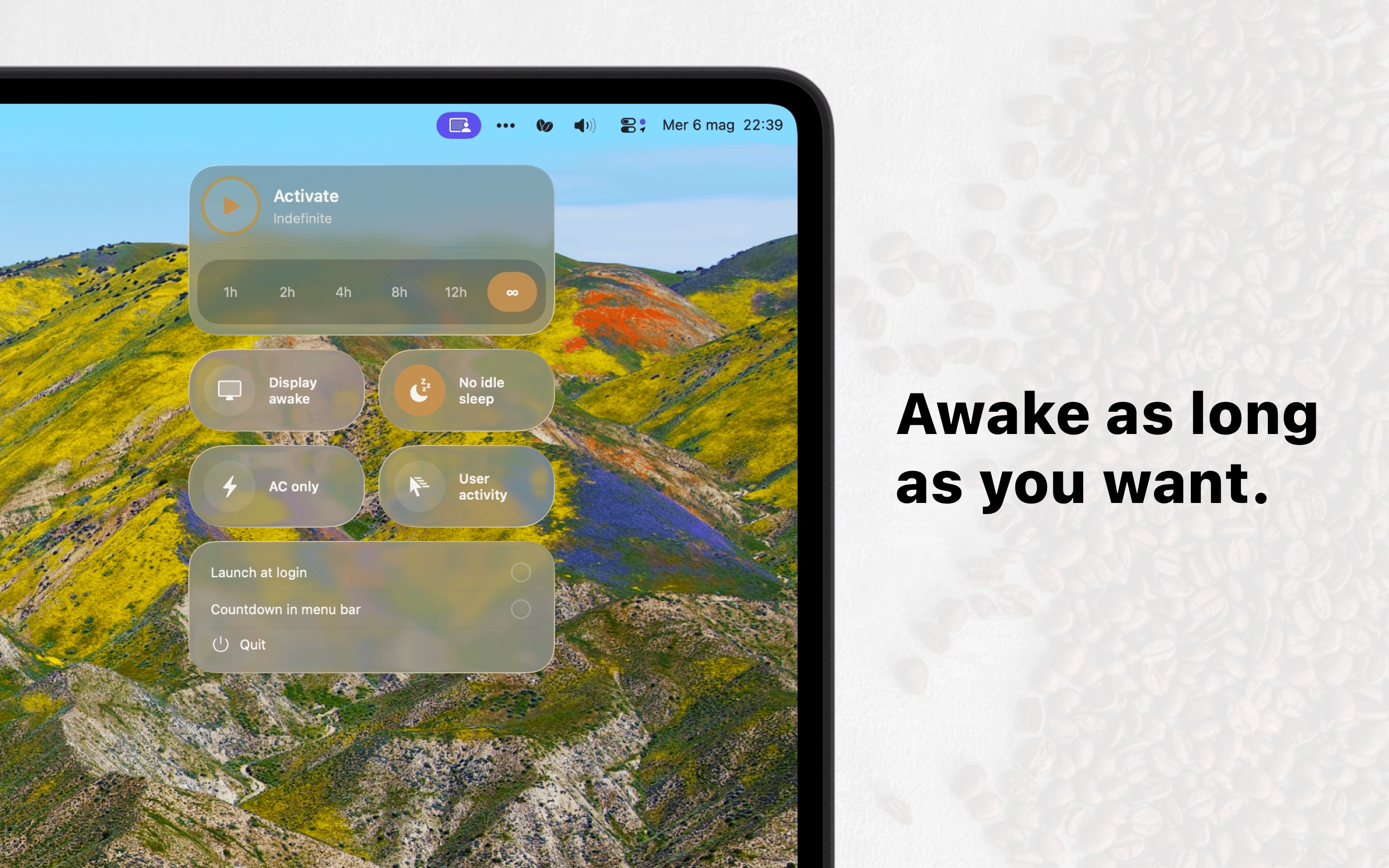 The Tostato popover on macOS 26, showing protection toggles, duration buttons, and the countdown.